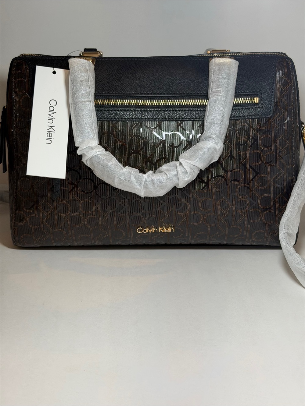 Calvin Klein Brown Monogram Satchel with Gold Hardware